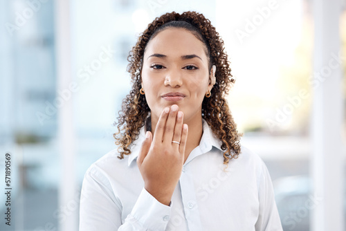 Portrait, deaf and black woman in office with thank you, hand and gesture on blurred mockup background. Face, cochlear implant and disability by girl employee sign language, symbol or communication photo
