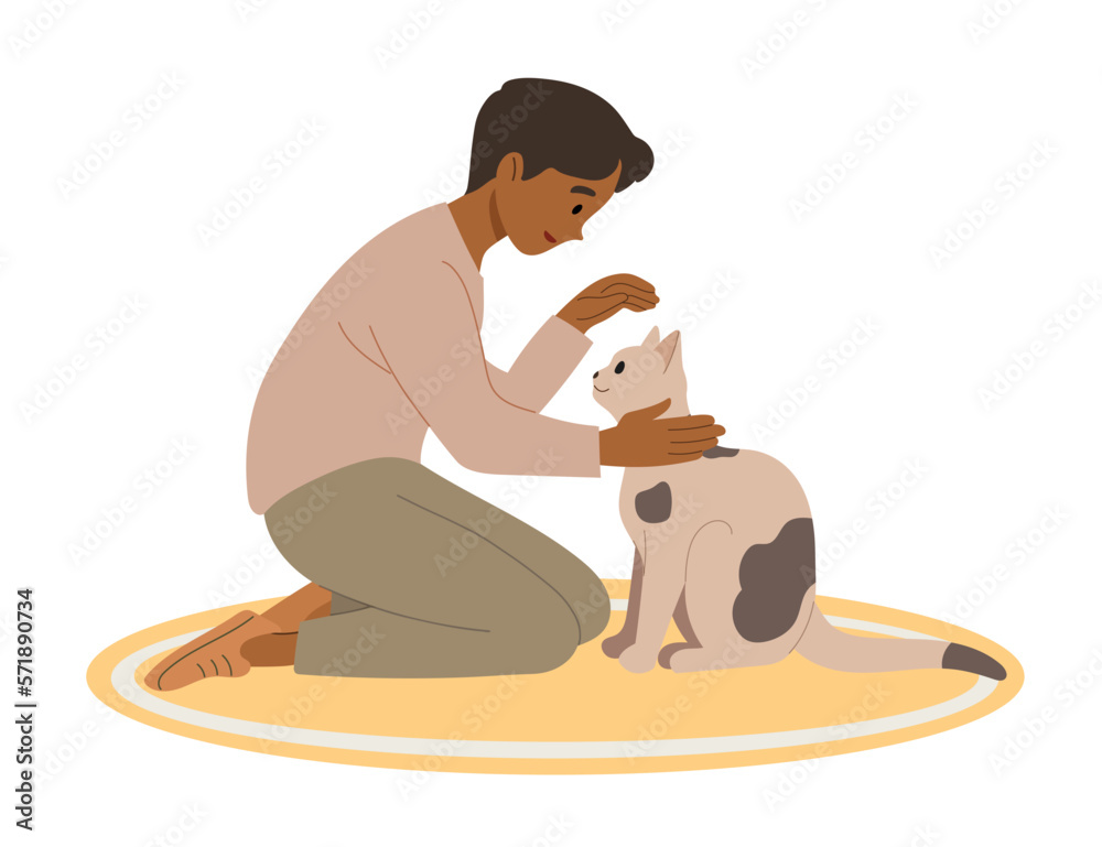Boy sits on the carpet with cat. Owner is stroking pet. Vector illustration.