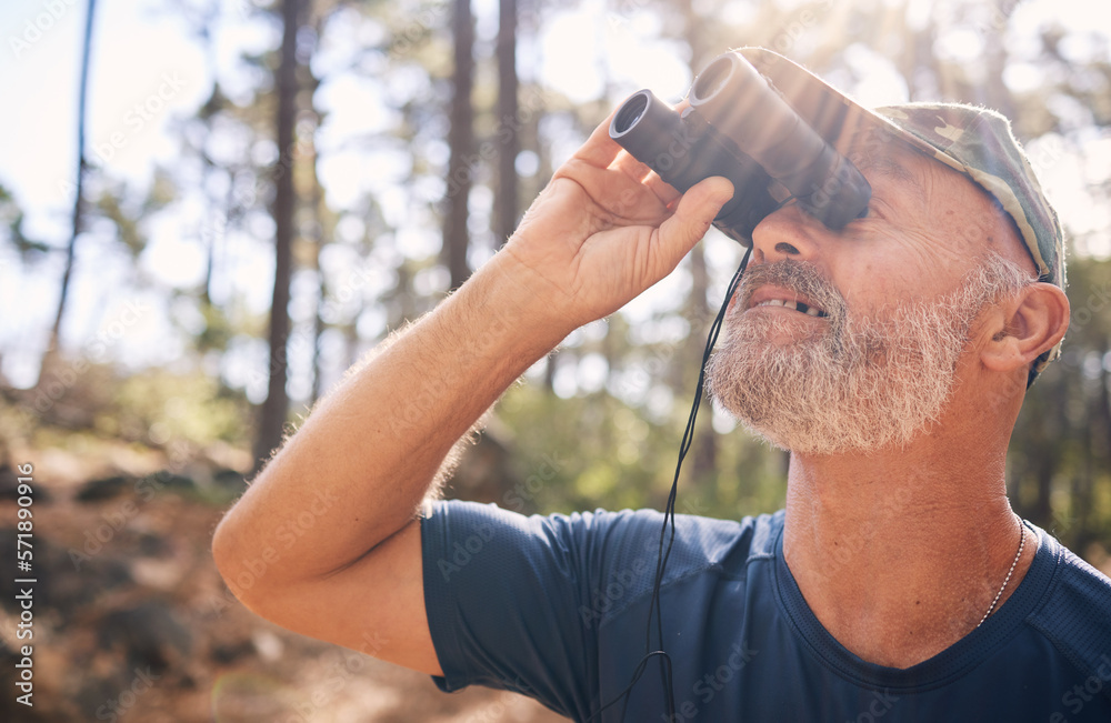 Foto Stock Binoculars, senior man and hiking in nature looking at view
