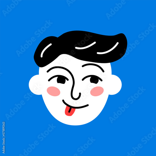 Teasing boy showing his tongue avatar. Schoolboy face portrait with positive facial expression hand drawn doodle sketch vector illustration
