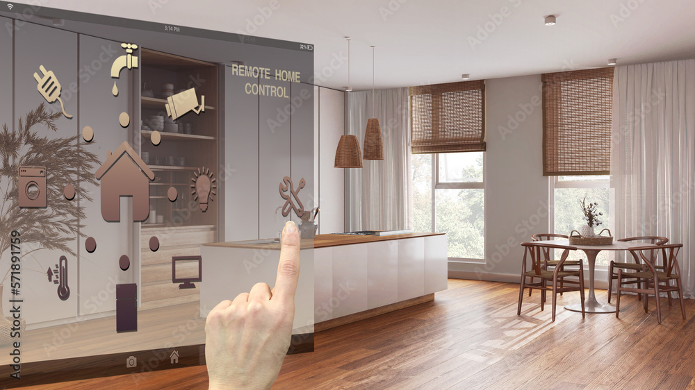Smart home control concept, hand controlling digital interface from ...