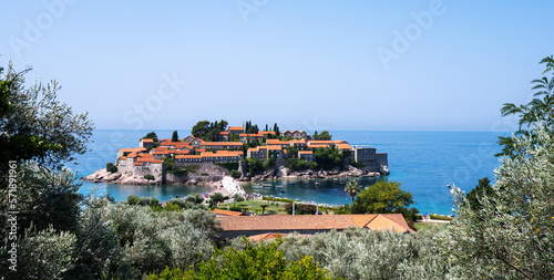 Luxury Sveti Stefan island in Montenegro with Adriatic sea and mountains view