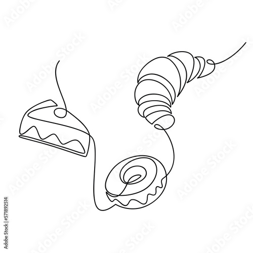 Vector desserts set. French croissant, piece of cake, doughnut one line continuous drawing. Hand drawn linear icon. Outline design, print, banner, card, wall art poster, brochure, menu, product logo.