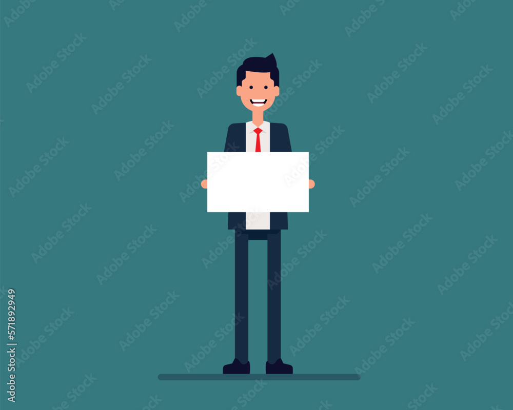 Businessman holding white blank space signboard. Vector illustration Advertisement business concept Businessman holding white blank space signboard. Vector illustration Advertisement business concept