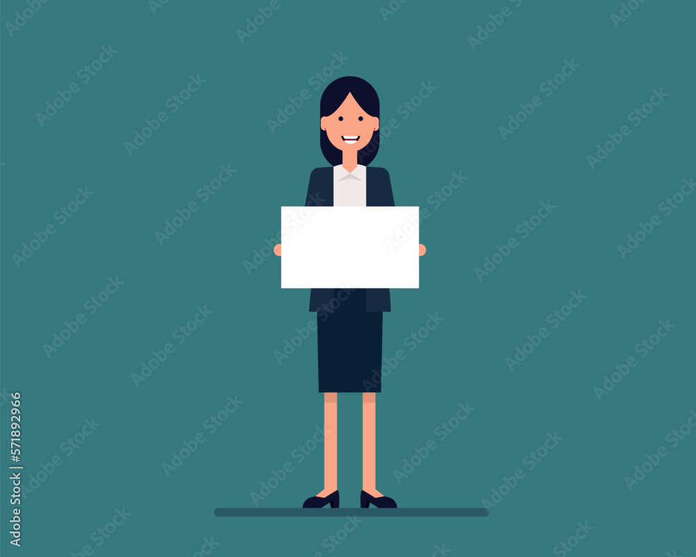 Businesswoman holding white blank space signboard. Vector illustration Advertisement business concept Businesswoman holding white blank space signboard. Vector illustration Advertisement business concept