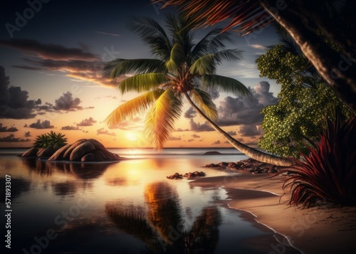 Tropical exotic beach with palm tree. AI generated