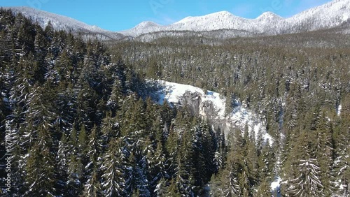 Aerial winter view of natural arches, Known as Wonderful Bridges at Rhodope Mountains, Smolyan Region, Bulgaria photo