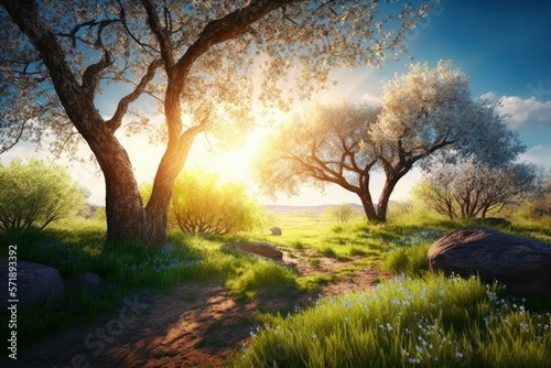 Beautiful spring landscape. Nature background. AI generated