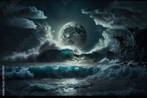 Night marine fantasy landscape with beautiful waves and a full moon. AI generated