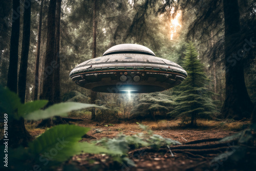 A UFO sitting in overgrown forest in the style of street photography. made with generative AI