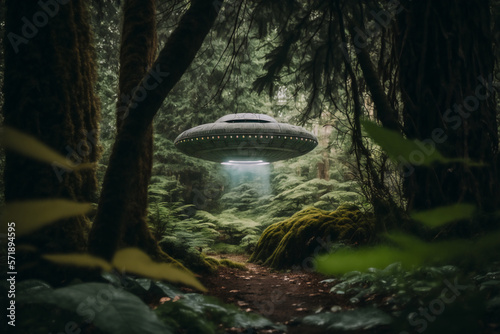 A UFO sitting in overgrown forest in the style of street photography. made with generative AI