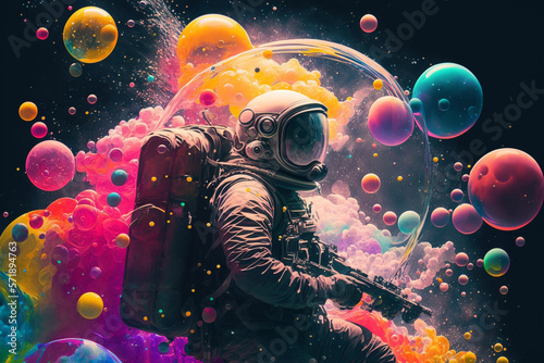 an astronaut traversing a colorful bubbles galaxy with a modern Pop Art style Generative AI