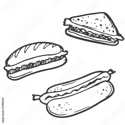 A set of fast food doodle elements.Junk food. Isolated on a white background.