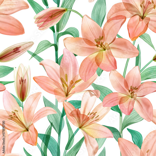 Spring transparent  Lily flowers seamless pattern isolated on white Translucent watercolor flowers botanical illustration Spring blossom repeated background