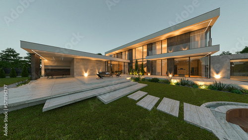 3D visualization of an elite house with a courtyard. Large panoramic windows. Plot with landscaping