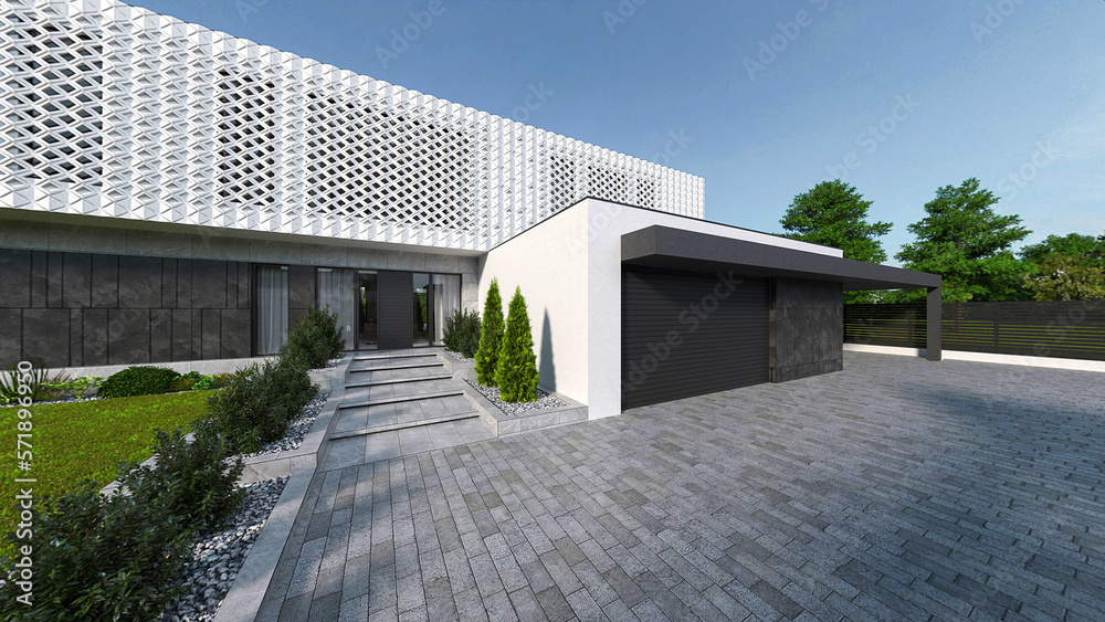 3D visualization of a luxury house with a unique facade. Modern house on a large plot with panoramic windows