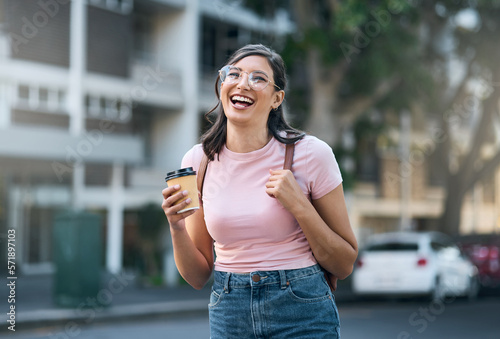 Canvas Print Travel portrait, coffee or woman student in city street or road with freedom on urban adventure in London