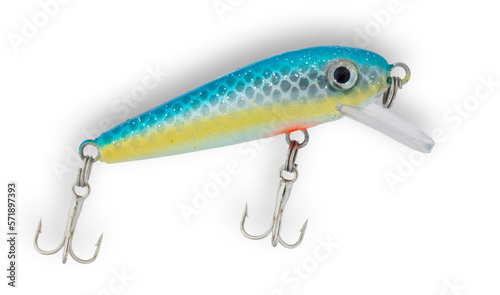 Blue and yellow fishing lure from the side