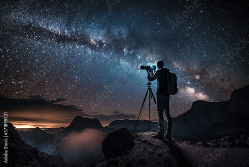 A photographer photographs the starry sky. Generative AI.