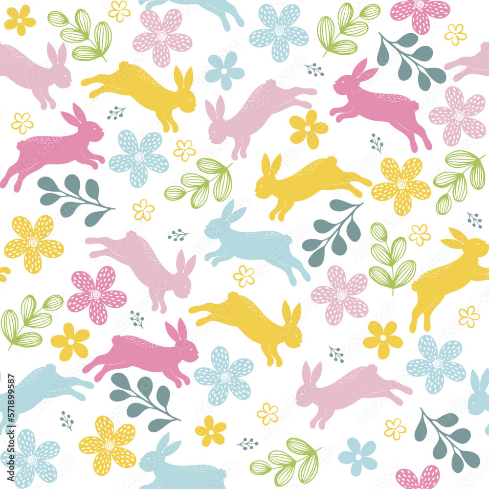 Fototapeta premium Rabbits and spring flowers vector seamless pattern on white background for kids - for fabric, wrapping, textile, wallpaper, background.