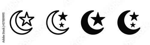 Moon stars icons. Moon and stars icon in line and flat style. Crescent moon stars icon. Crescent moon night or half moon symbol for apps and websites, vector illustration