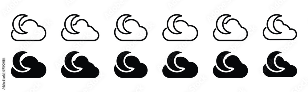 Moon and cloud icon. Night symbol. Evening weather icon in line and flat style. Clouds behind the moon symbol for apps and websites, vector illustration Moon and cloud icon. Night symbol. Evening weather icon in line and flat style. Clouds behind the moon symbol for apps and websites, vector illustration