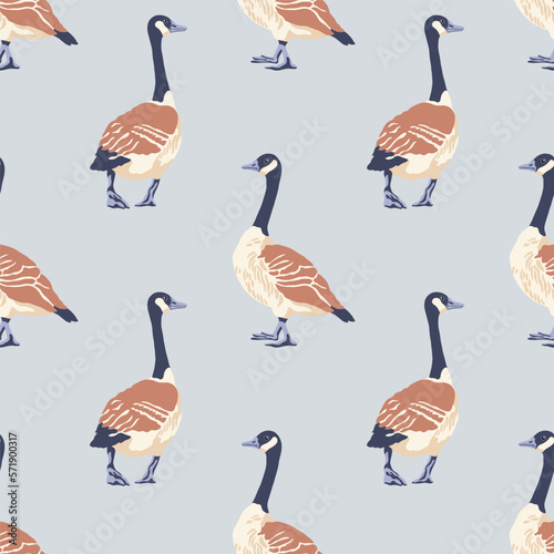 Canada geese. Color vintage style birds moving backwards. Seamless pattern. Hand-drawn graphic design. Vector illustration on color background.