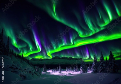beautiful winter landscape by the lake in the mountains northern lights