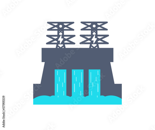 Hydroelectric dam, water discharge through locks logo design. Power plant, electricity lines, energy vector design and illustration.  © BlazingDesigns