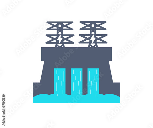 Hydroelectric dam, water discharge through locks logo design. Power plant, electricity lines, energy vector design and illustration.
