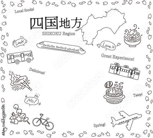 日本の四国地方の春のグルメ観光のアイコンのセット（線画白黒）