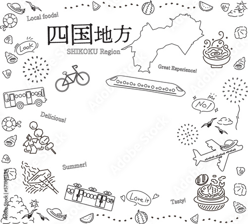 日本の四国地方の夏のグルメ観光のアイコンのセット（線画白黒）