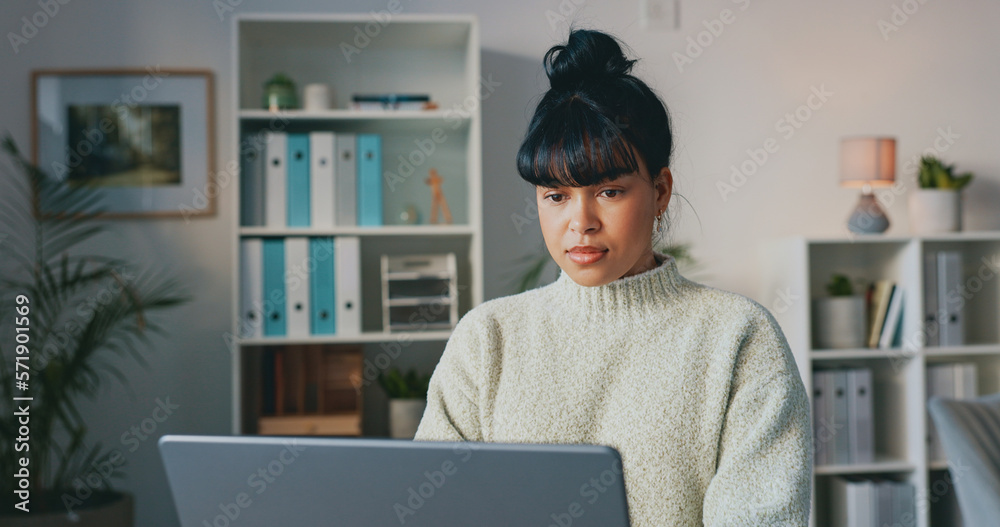 Office, laptop and business woman portrait happy for career in digital marketing, digital copywriting and online web management. Gen z corporate worker for internship opportunity, contact us or faq - obrazy, fototapety, plakaty 
