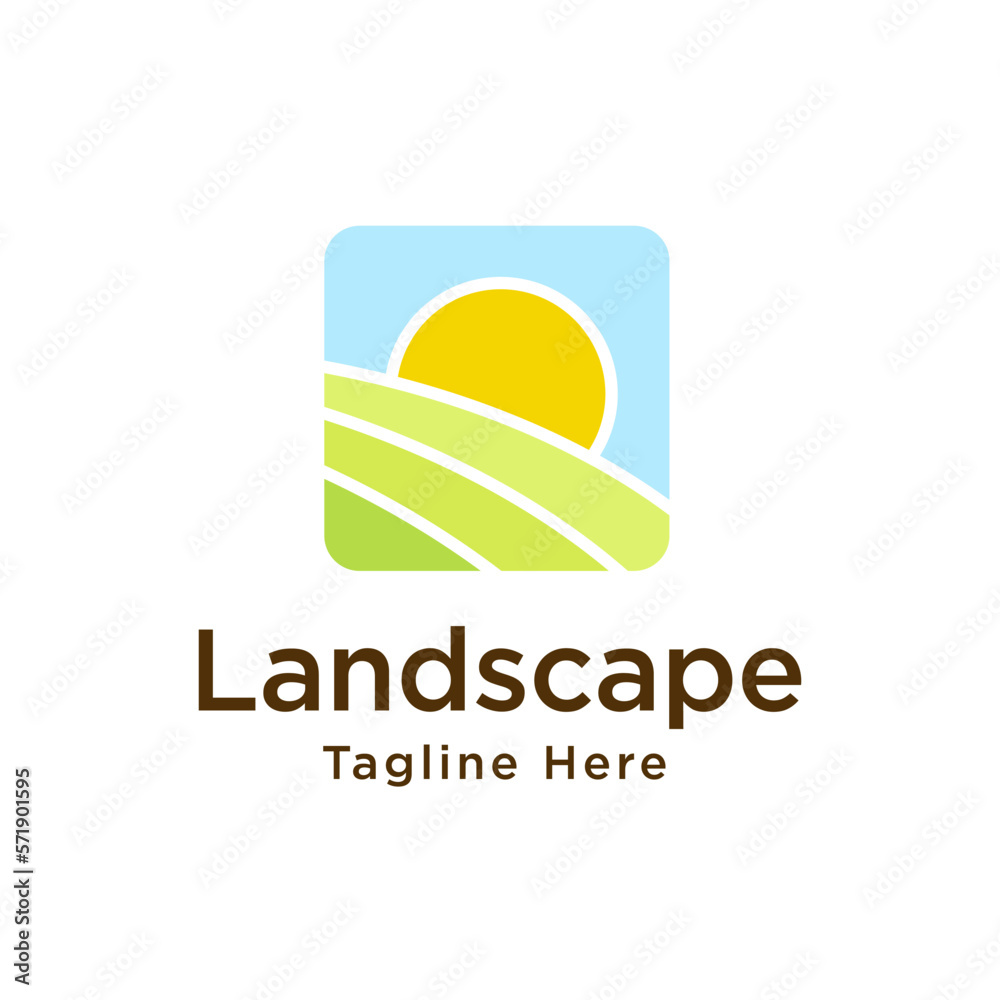 Farm logo mark template or icon sun and field.  emblems or badges for natural agriculture, organic food industry or harvesting campaign