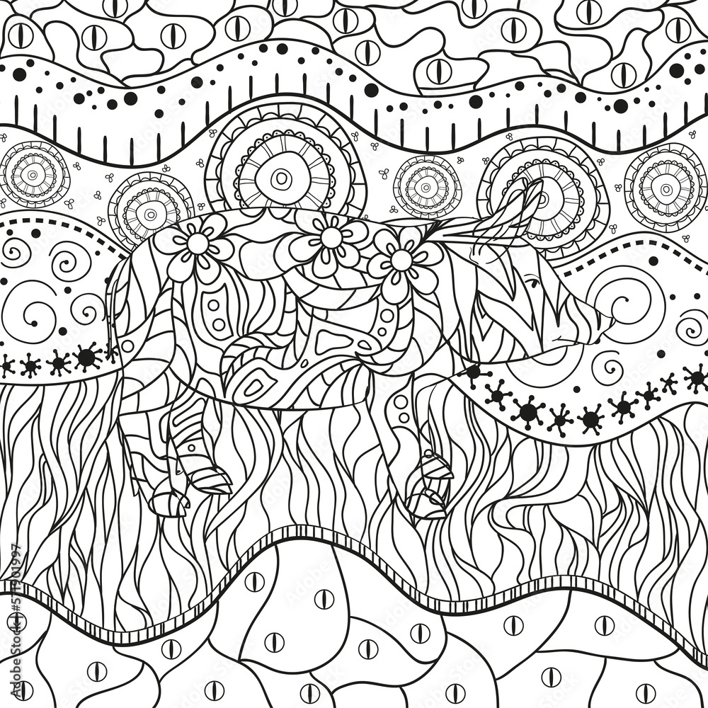 Fototapeta premium Ornate wallpaper with pig. Hand drawn waved ornaments on white. Abstract patterns on isolated background. Design for spiritual relaxation for adults. Line art. Black and white illustration