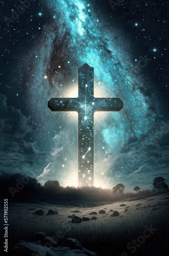Cross in front of the universe. Generative AI. 
