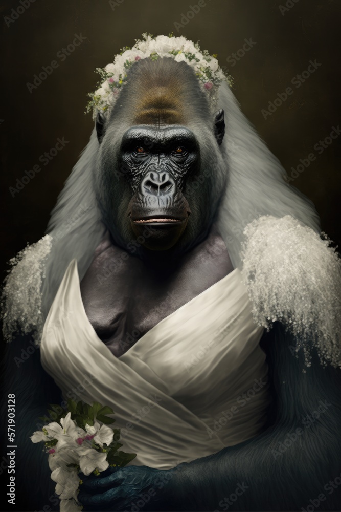  Gorilla dressed up in wedding dress. Generative AI