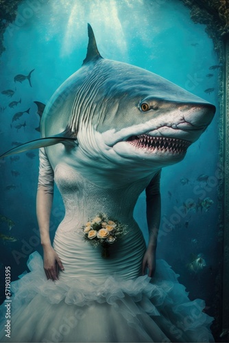  Tiger shark dressed up in wedding dress. Generative AI