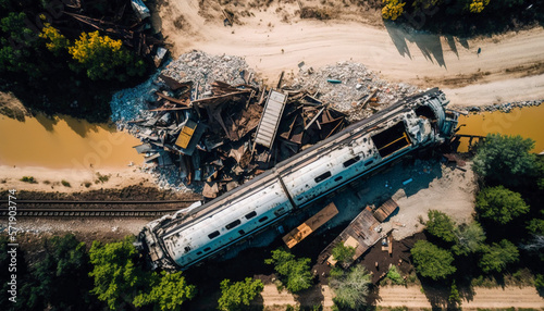 Aerial shot of a devastating train crash, derailment, Generative AI
