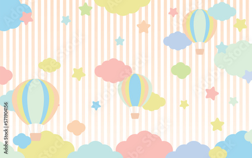 ゆめかわな気球と星と雲とストライプの背景