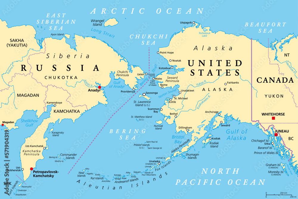 Maritime boundary between Russia and United States, political map. Chukchi Peninsula of Russian Far East, and Seward Peninsula of Alaska, separated by Bering Strait, between Pacific and Arctic Ocean.