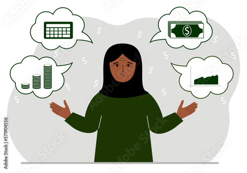 Sad muslim woman thinking about finances. In my thoughts money, calculator, charts. For posters, banners, websites.