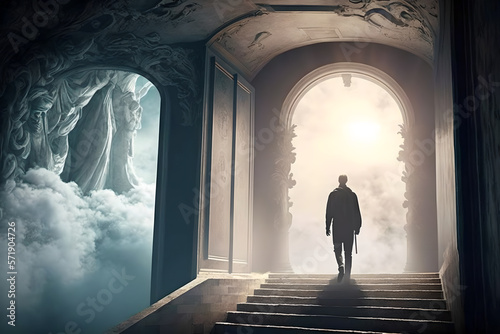 A man standing at the entrance to the light at the end of a long mysterious cave tunnel, ready for what's on the other side of death or life