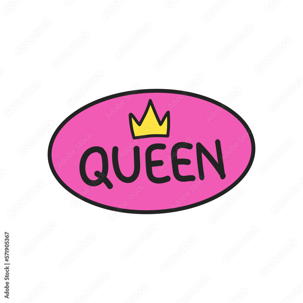 Hand drawn doodle element in 90s 2000s Y2K trendy style. The inscription queen with a crown isolated on a white background. Hand drawn doodle element in 90s 2000s Y2K trendy style. The inscription queen with a crown isolated on a white background.