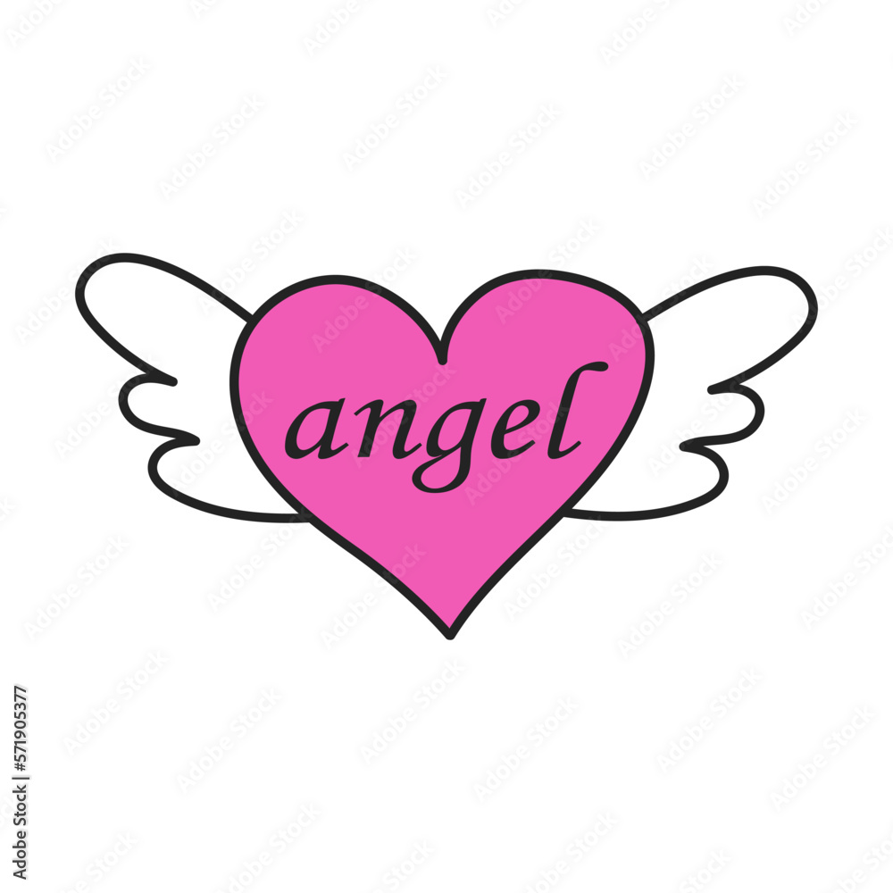 Hand drawn doodle element in 90s 2000s trendy style. Heart with wings, lettering angel isolated on white background.