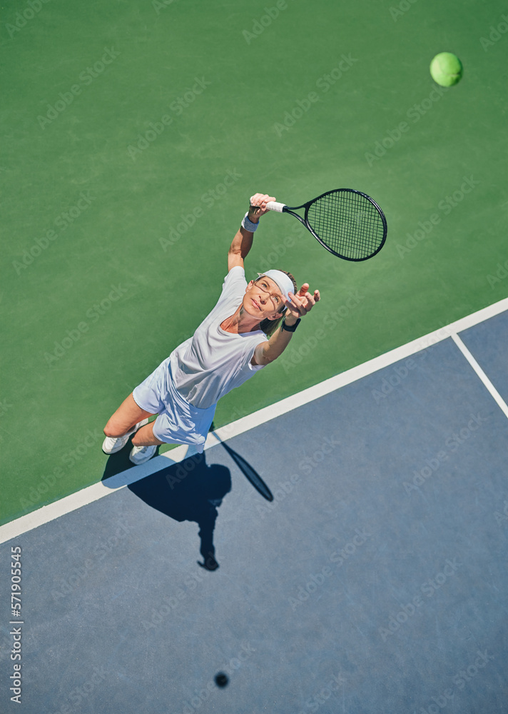 Tennis serve, sport and woman on outdoor court, fitness motivation and competition with athlete training for game. Workout, healthy and player on turf, active with exercise and sports action top view