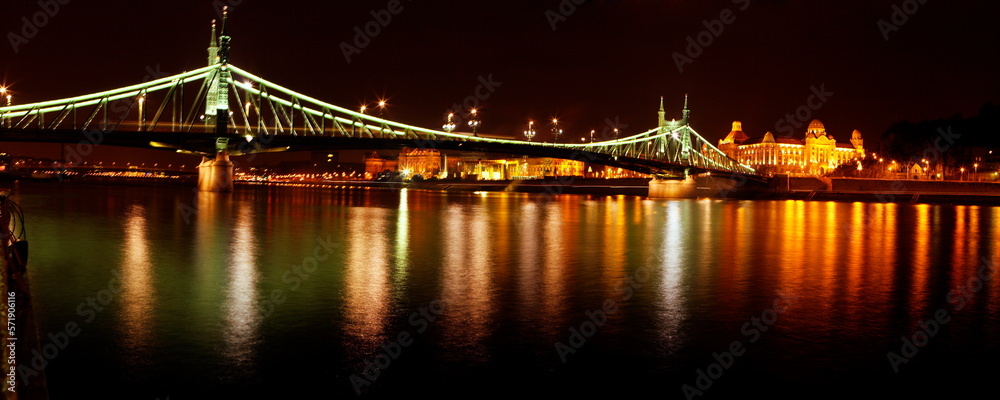 night panorama on bridge of the Danube river in Budapest