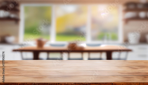 wooden table with modern kitchen background for product display, Generative AI