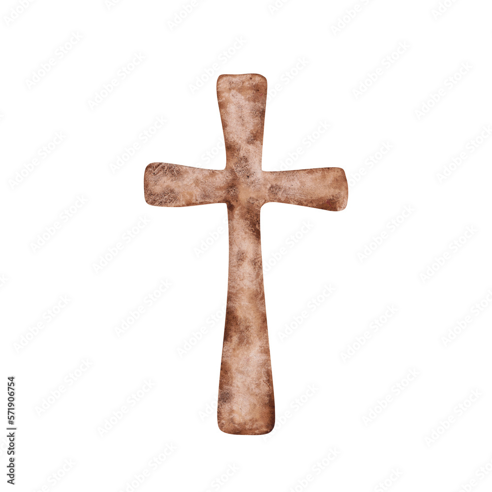 Religious cross isolated on a transparent background. Brown watercolor