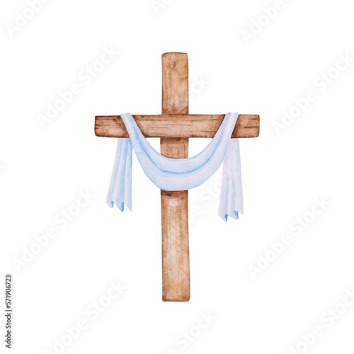 Religious cross isolated on a transparent background. Watercolor wooden Christian cross with a piece of blue fabric. The hand-painted catholic or orthodox symbol for the first community and Easter.